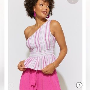 NWT Francesca’s Linen Blend Striped One Shoulder Top
